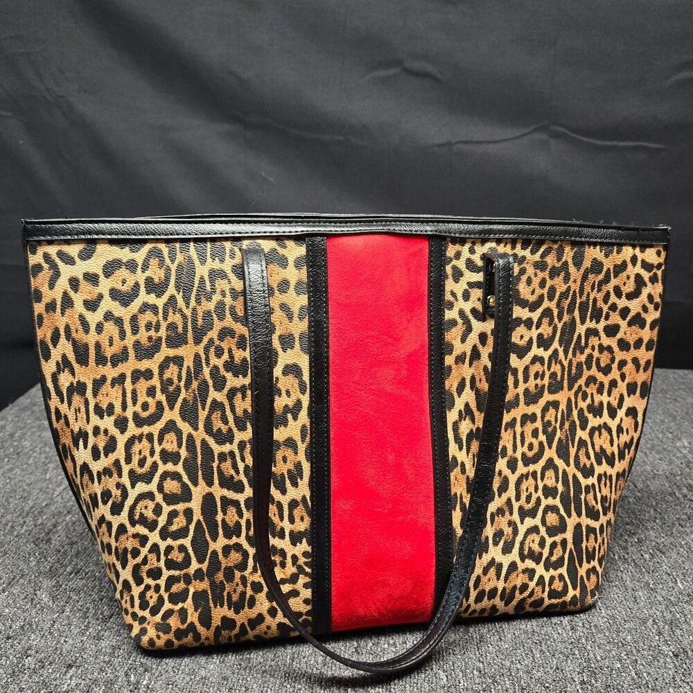 Chico’s Leopard Print Faux Suede Large Tote Red Stripe Animal Print Shoulder Bag
